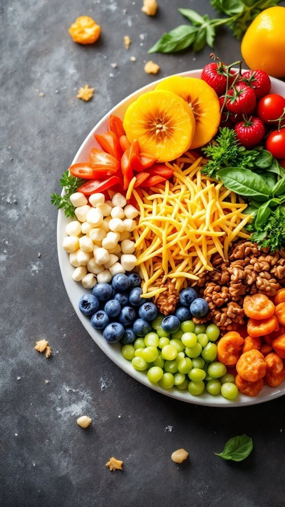 A colorful array of fresh fruits, vegetables, and nuts arranged on a plate.