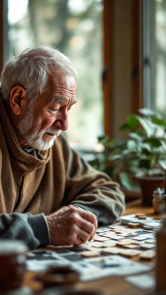 A senior man focused on playing a cognitive game, surrounded by a cozy setting with plants.