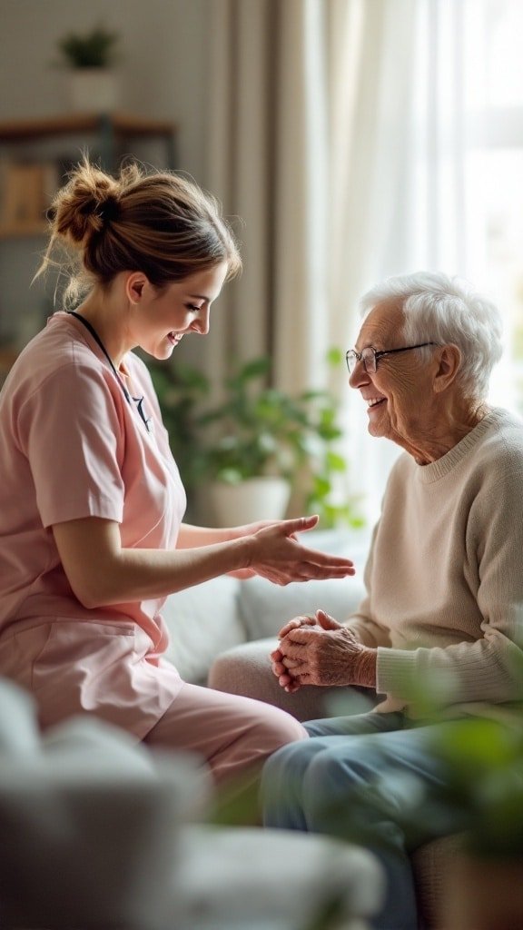 A caregiver interacts warmly with an elderly woman, representing the importance of professional care services for elderly parents.