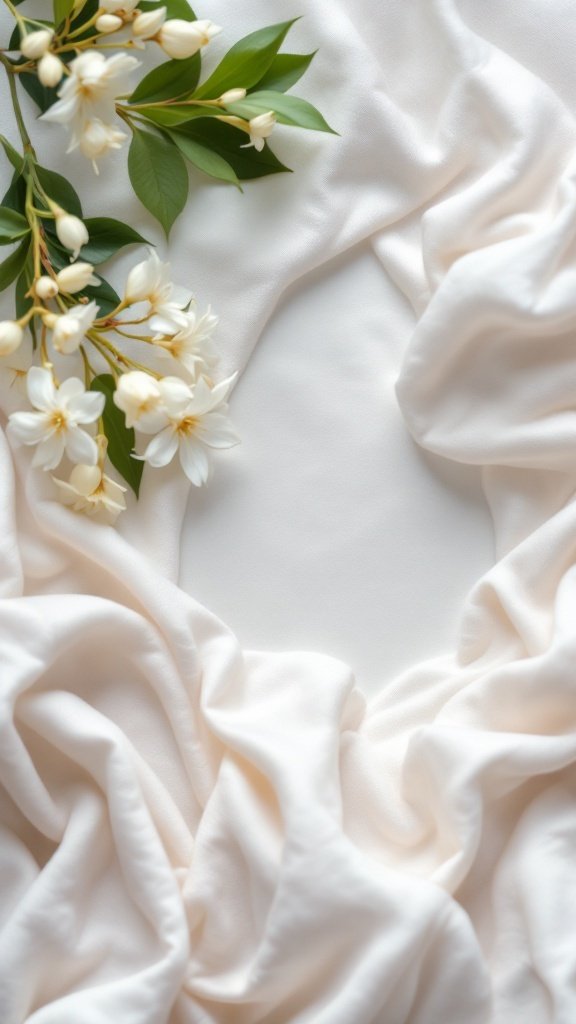 A sprig of jasmine flowers on soft, white fabric.