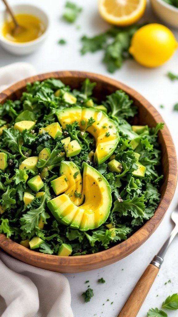 A vibrant kale and avocado salad in a wooden bowl, garnished with lemon.