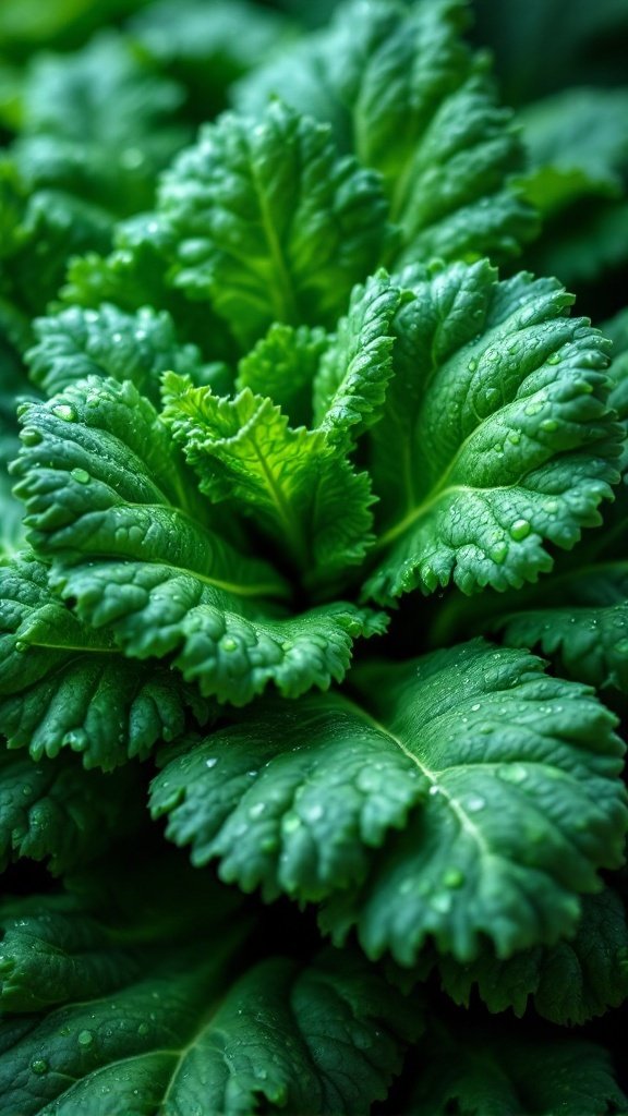Close-up view of fresh, green kale leaves with water droplets.