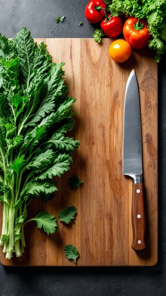 A cutting board with fresh kale, tomatoes, and a knife, ready for food preparation.