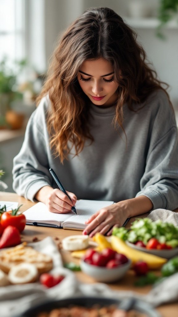 A person writing in a food journal with fresh fruits and vegetables around