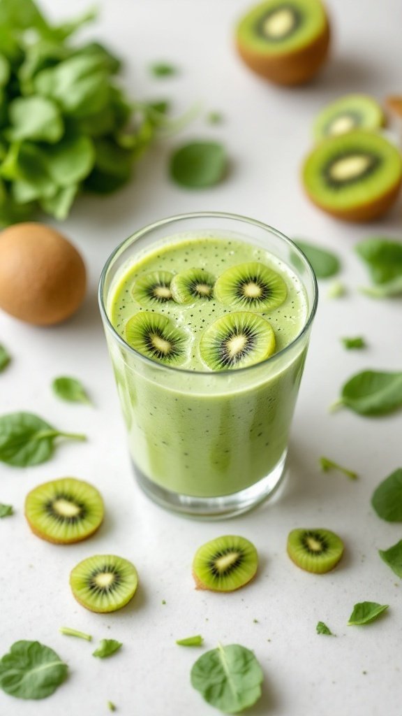 A refreshing green smoothie made with kiwi and spinach, garnished with kiwi slices, next to fresh spinach leaves and whole kiwis.