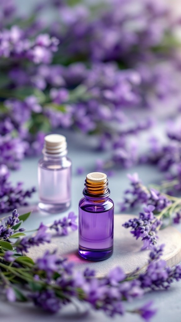 Lavender essential oil bottles surrounded by lavender flowers.