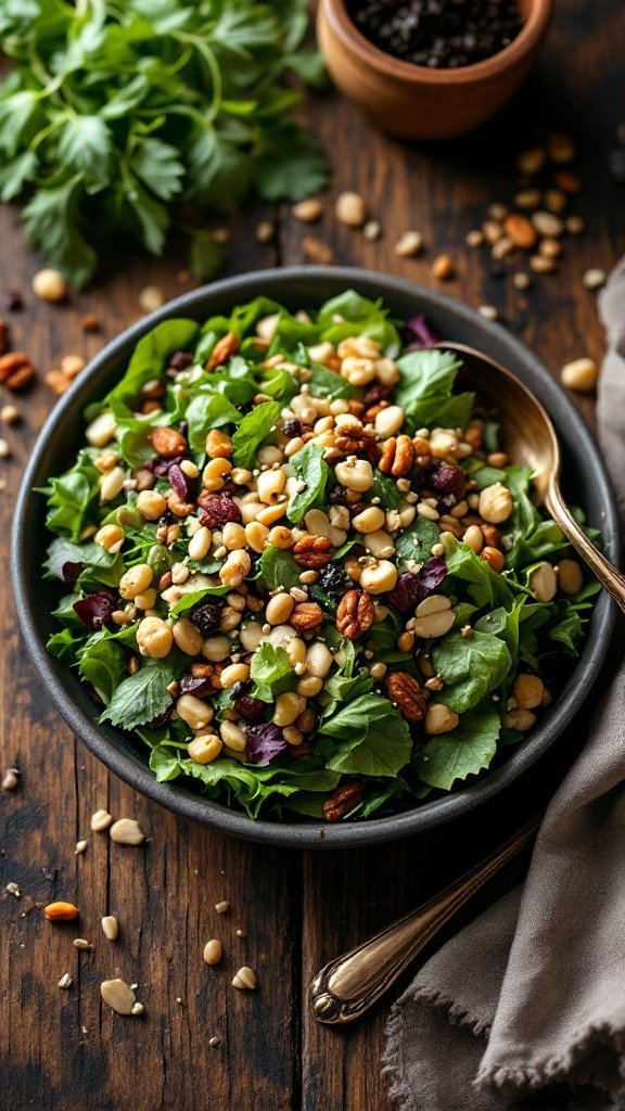 A bowl of fresh leafy green salad with nuts and seeds