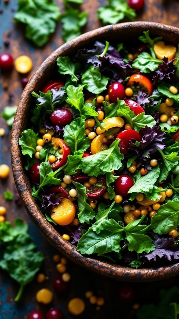 A colorful salad with leafy greens, cherry tomatoes, and golden berries in a wooden bowl