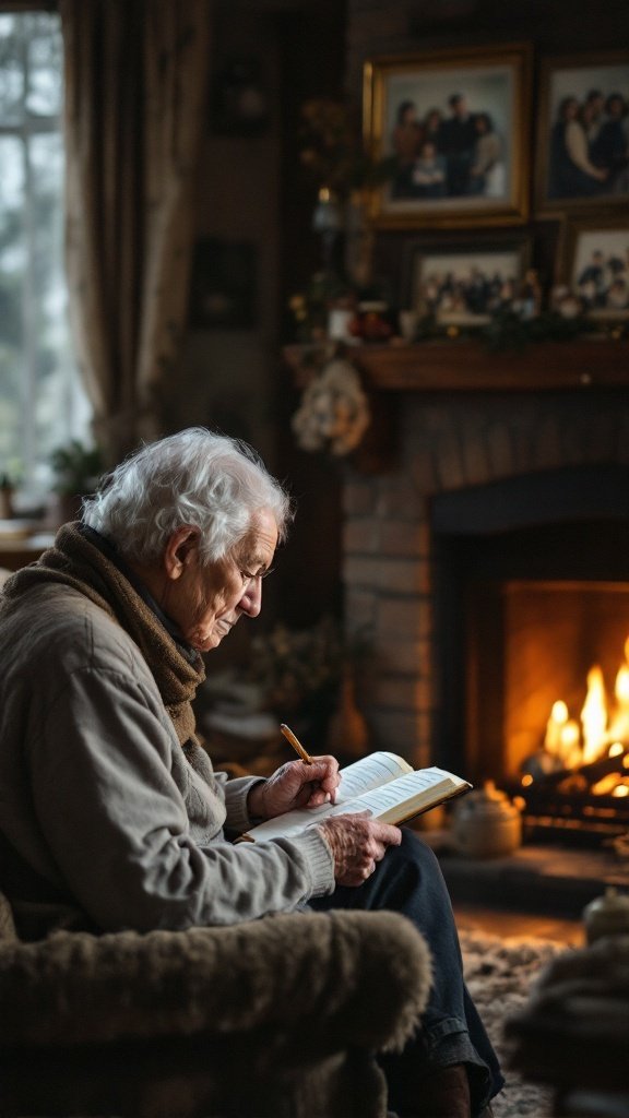 An elderly person writing in a book by a fireplace, with family photos in the background.
