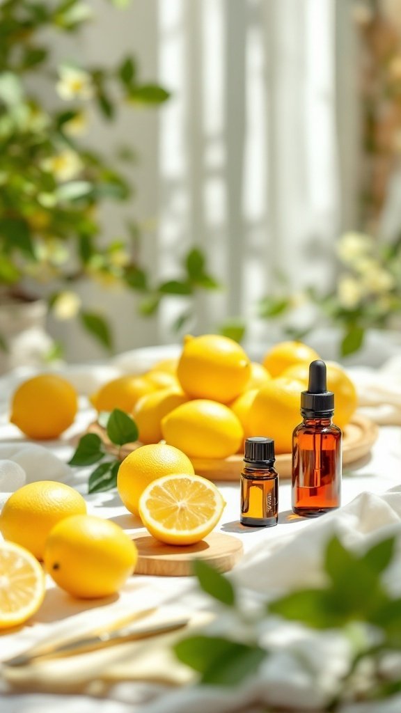 Fresh lemons and lemon essential oil bottles on a table