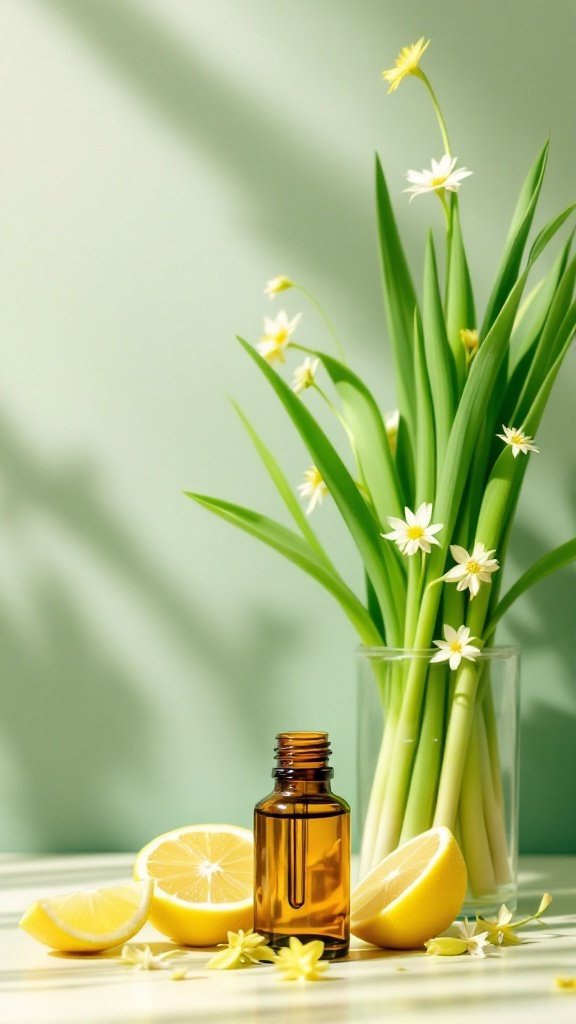 Amber bottle of lemongrass essential oil with fresh lemons and lemongrass sprigs in a vase.