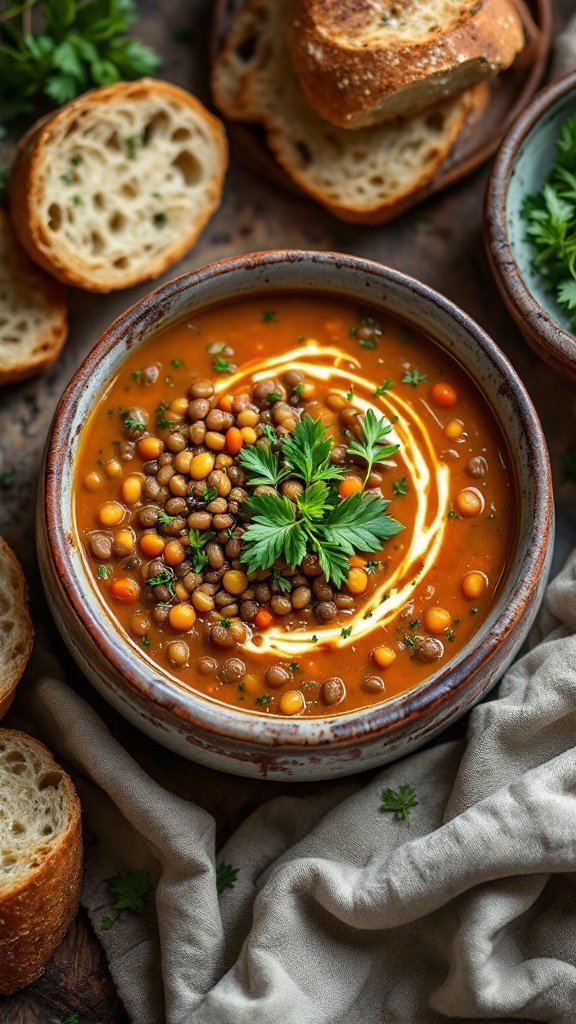 Bowl of lentil soup topped with fresh herbs, accompanied by slices of bread