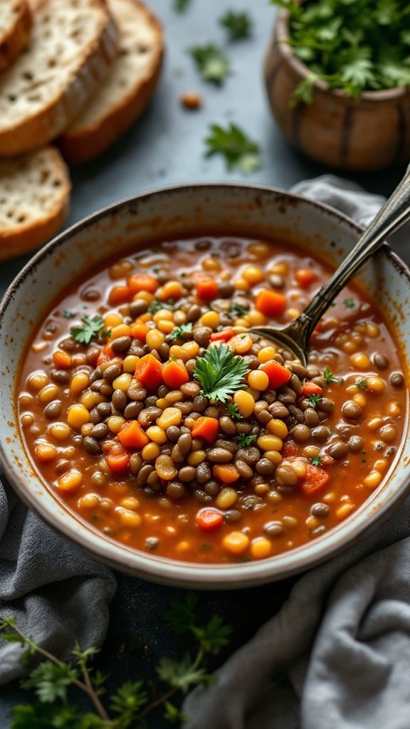 A bowl of lentil soup with colorful vegetables and a spoon, accompanied by slices of bread.