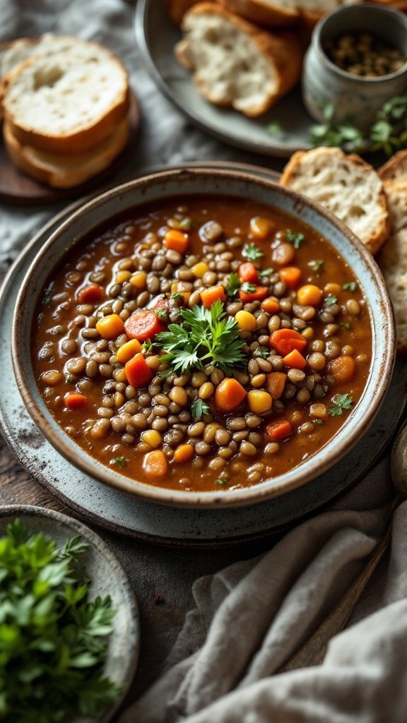 A bowl of lentil soup with colorful vegetables, served with slices of bread.