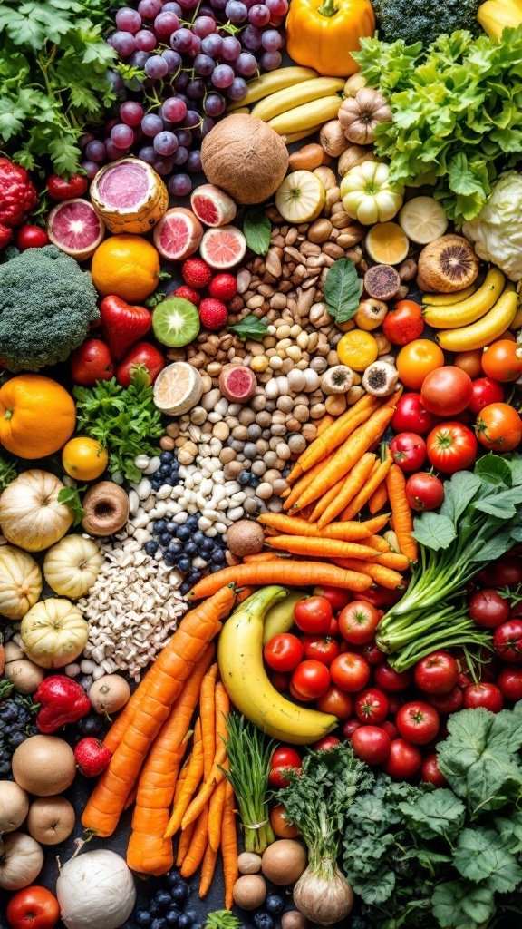 A colorful assortment of fresh fruits, vegetables, nuts, and grains arranged appealingly.