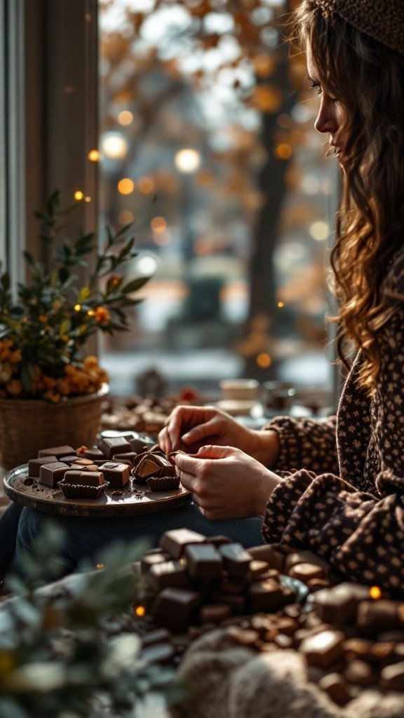 A person enjoying chocolates by a cozy window, surrounded by autumn leaves.