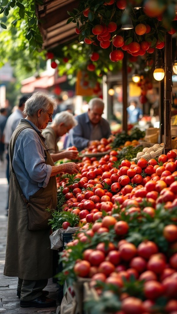 An elderly man examining pomegranates at a bustling market stall