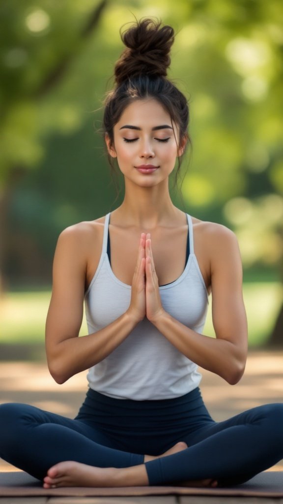 A woman meditating in a green park, embodying tranquility and focus.
