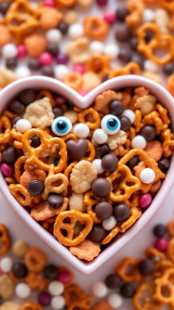 Heart-shaped bowl filled with pretzels, chocolate candies, and colorful treats