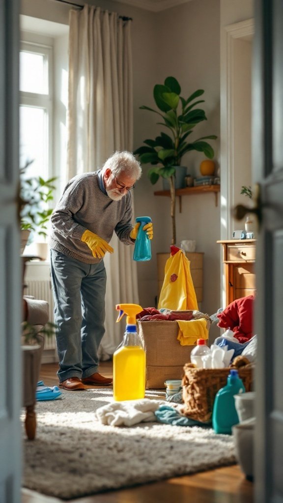 A senior man cleaning his living room with colorful cleaning supplies and wearing yellow gloves.