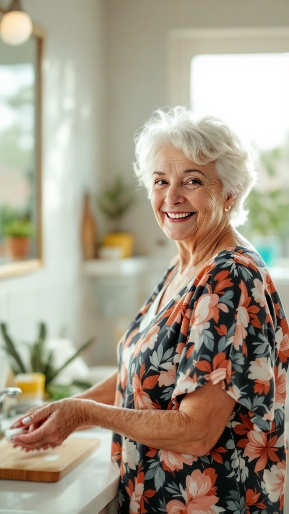 A cheerful senior woman with short, light hair wearing a floral top, standing in a bright kitchen while washing her hands.