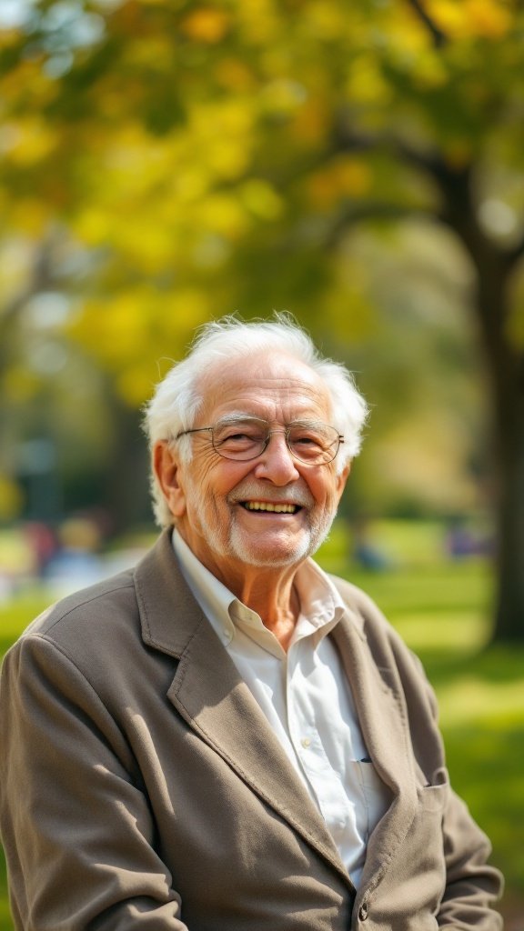 An elderly man smiling in a park, capturing a positive outlook on life.