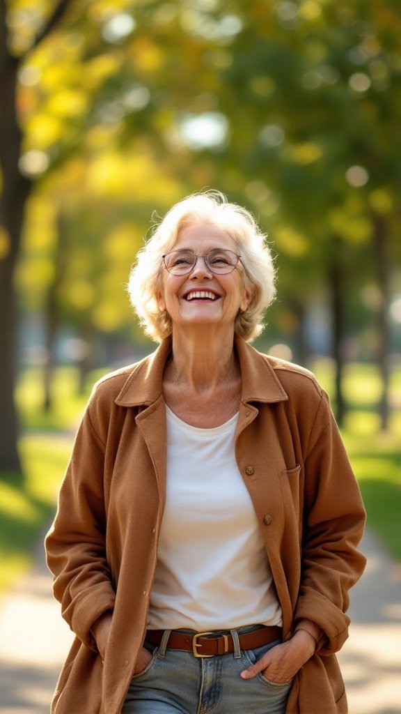 A senior woman smiling while walking in a sunny park.