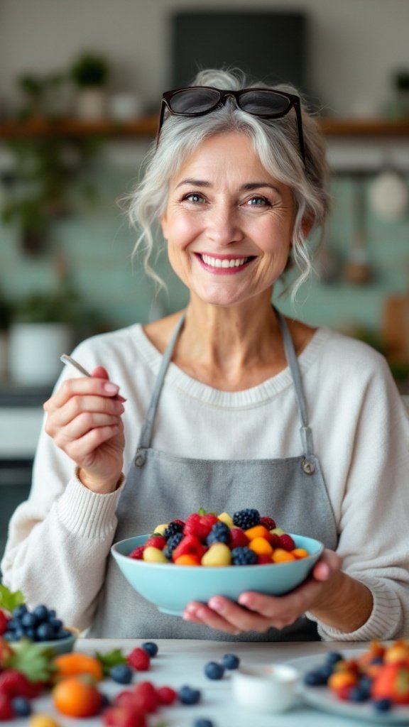 A smiling senior woman enjoying a bowl of mixed berries, promoting healthy nutrition for eye health.