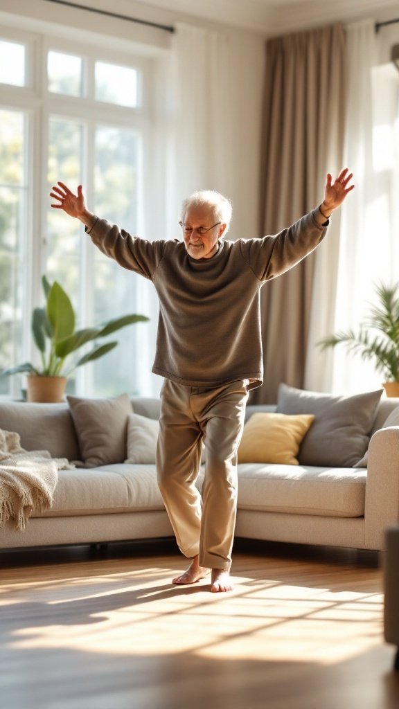 Senior man practicing balance and posture in a cozy living room