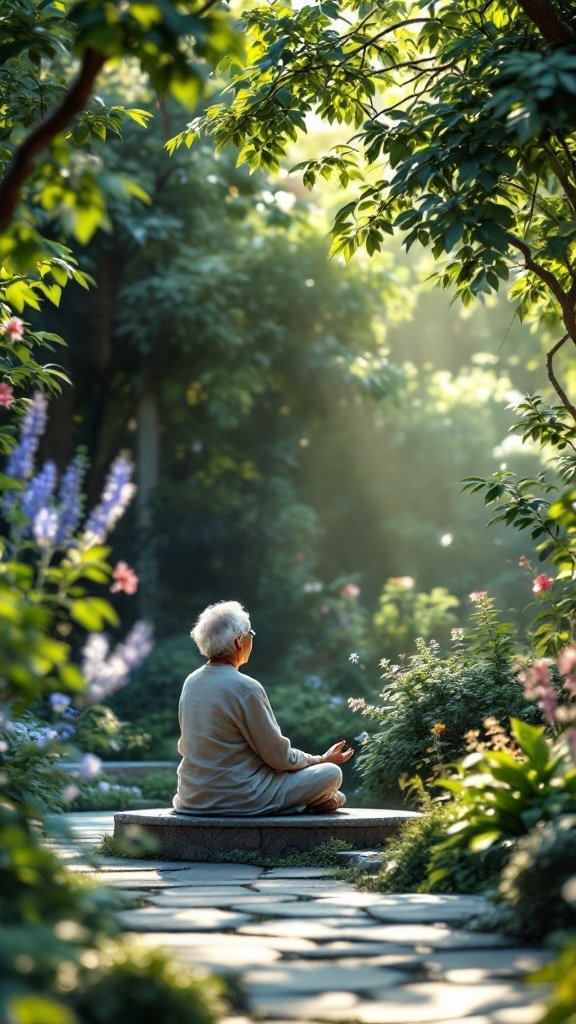 An elderly person meditating in a lush garden surrounded by greenery and flowers.