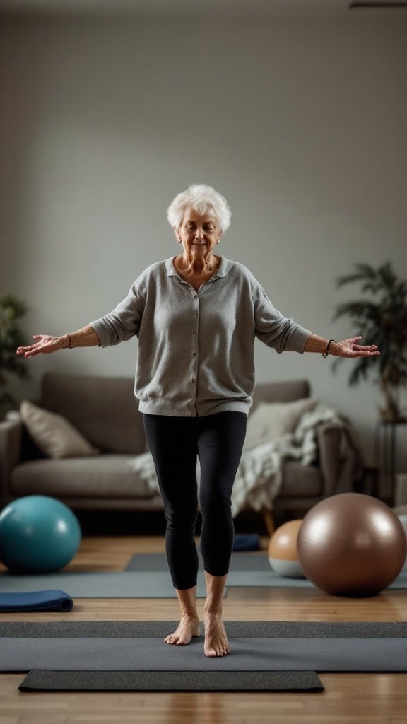 Senior woman practicing balance exercises in a cozy home setting with exercise equipment.