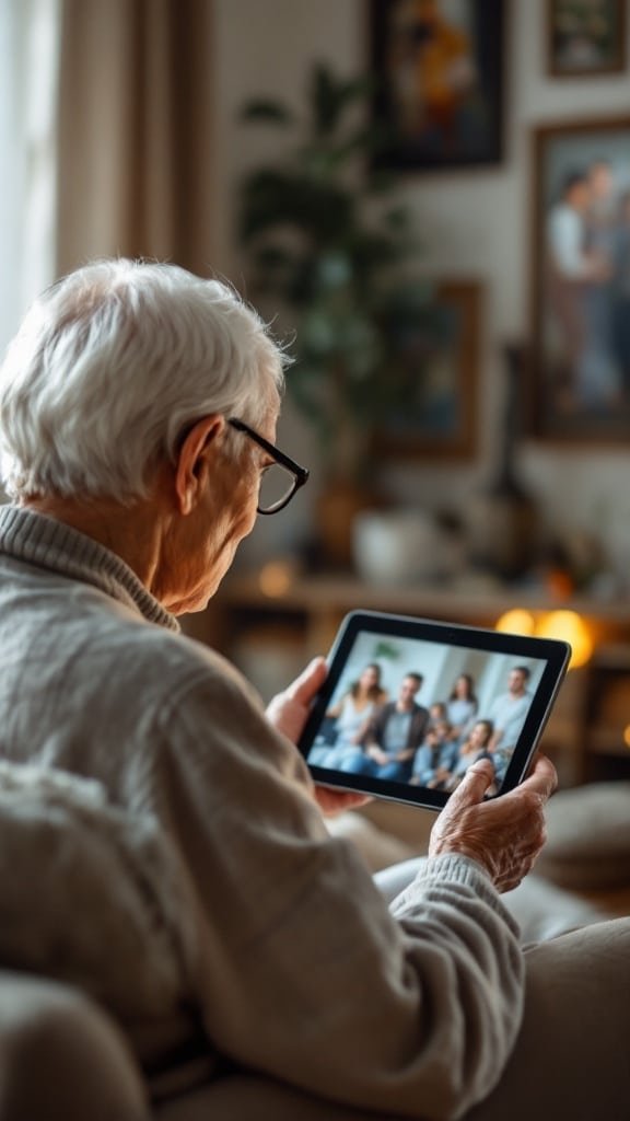 An elderly person using a tablet to connect with family