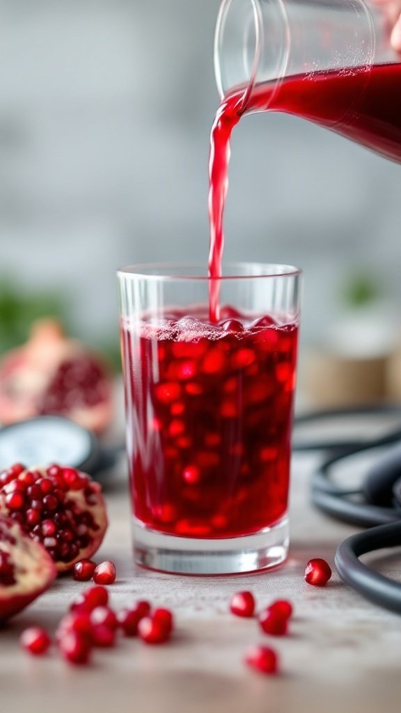A glass of pomegranate juice being poured with pomegranate seeds around it