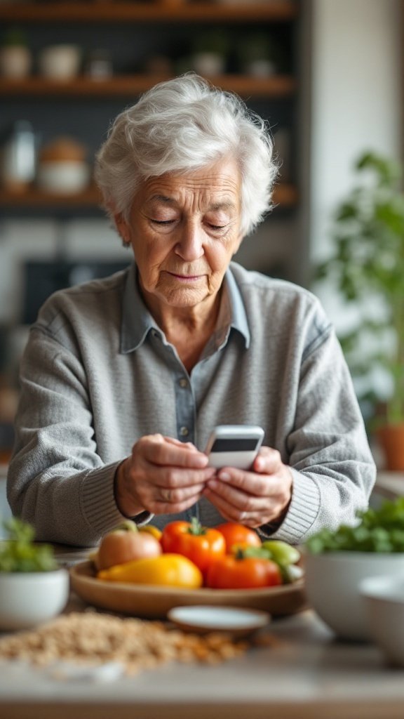 Senior woman checking her phone with fresh vegetables and fruits in front of her