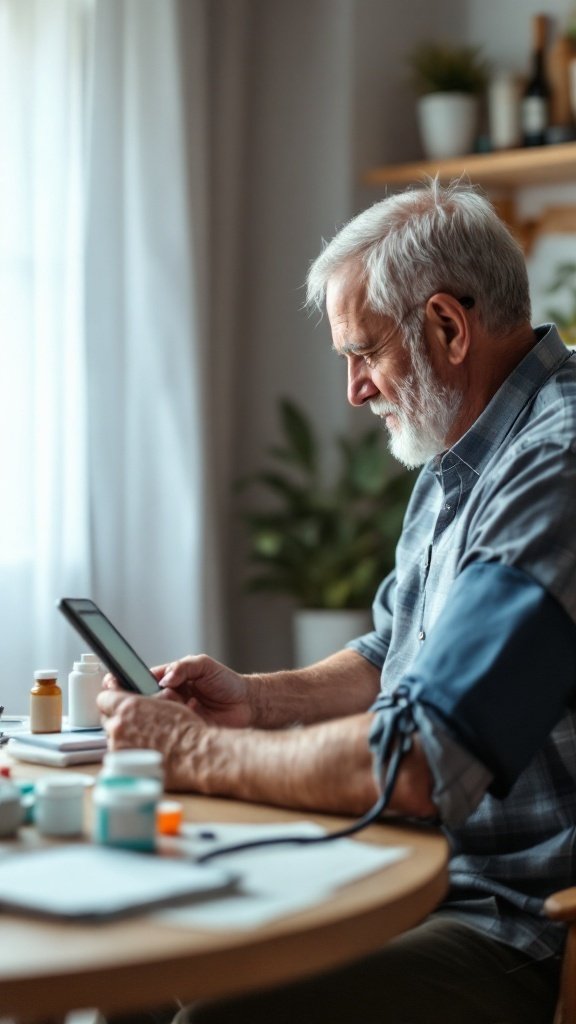 Older man checking his blood pressure while using a tablet at home