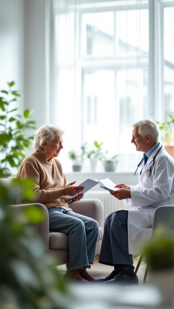An elderly woman discussing her health with a doctor in a bright room.