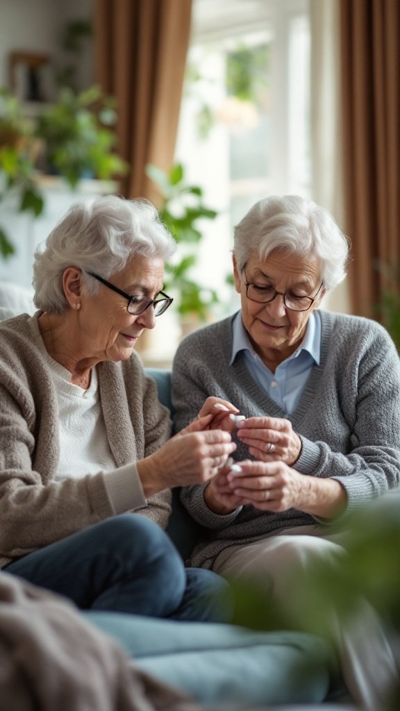 Two elderly women sitting on a couch, engaged in a thoughtful activity together.