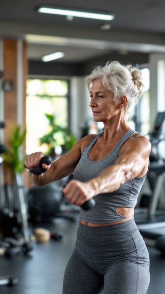 A senior woman exercising with weights in a gym setting.