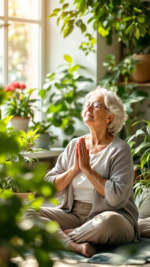 Senior woman meditating among plants, promoting relaxation and stress management.