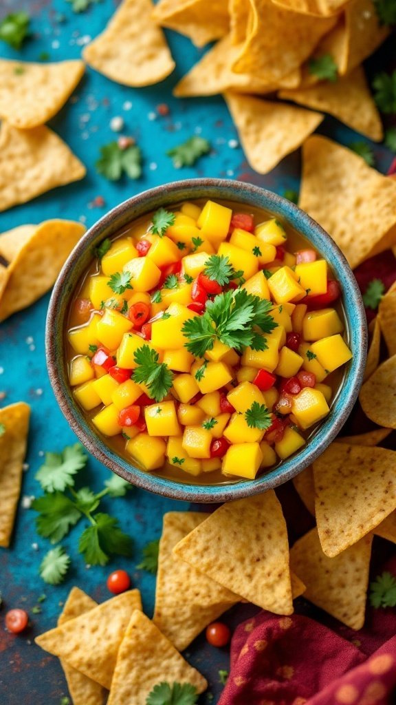 A bowl of mango salsa surrounded by tortilla chips.