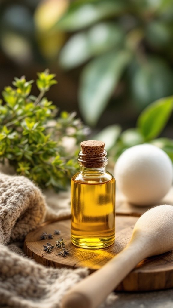 A bottle of marjoram essential oil surrounded by leaves, a cozy knit, and a wooden spoon.