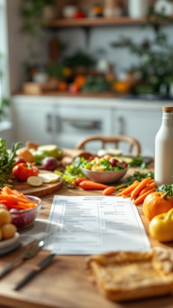 A kitchen table with fresh vegetables, fruits, and a meal planning sheet.