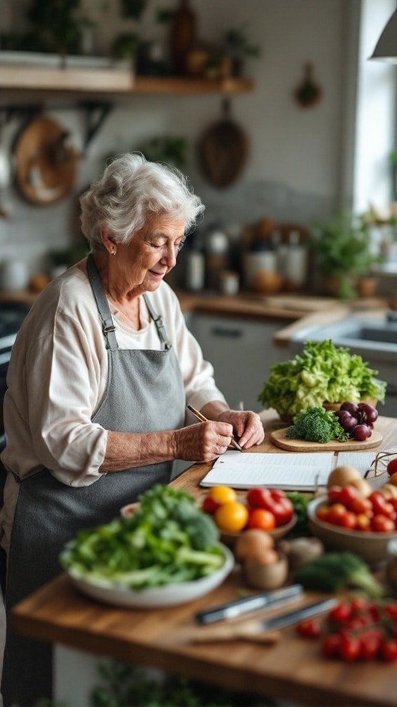 A senior woman writing a meal plan in a kitchen filled with fresh vegetables.