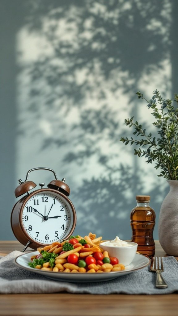 A cozy meal setup featuring a plate of pasta, vegetables, a clock, and a bottle of oil.