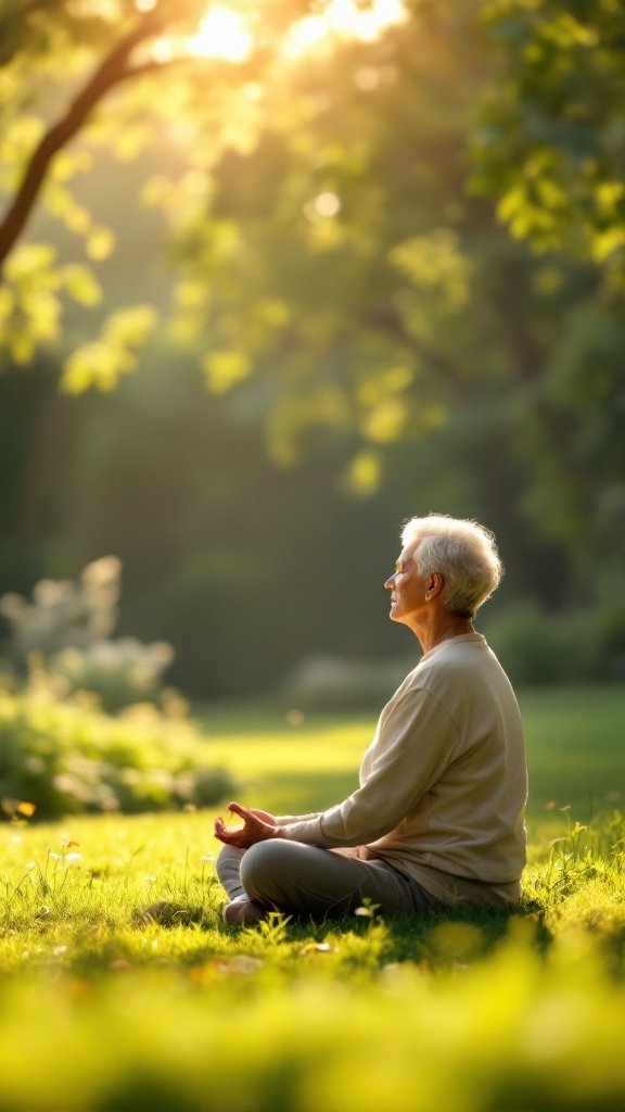 An elderly person meditating in a peaceful outdoor setting
