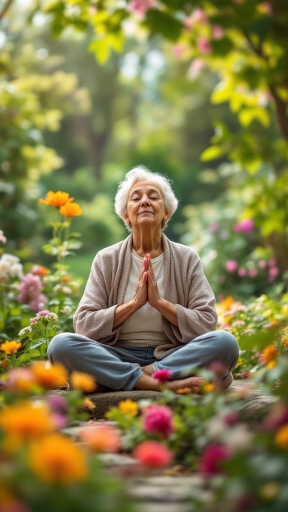 An older woman meditating in a colorful garden filled with flowers.