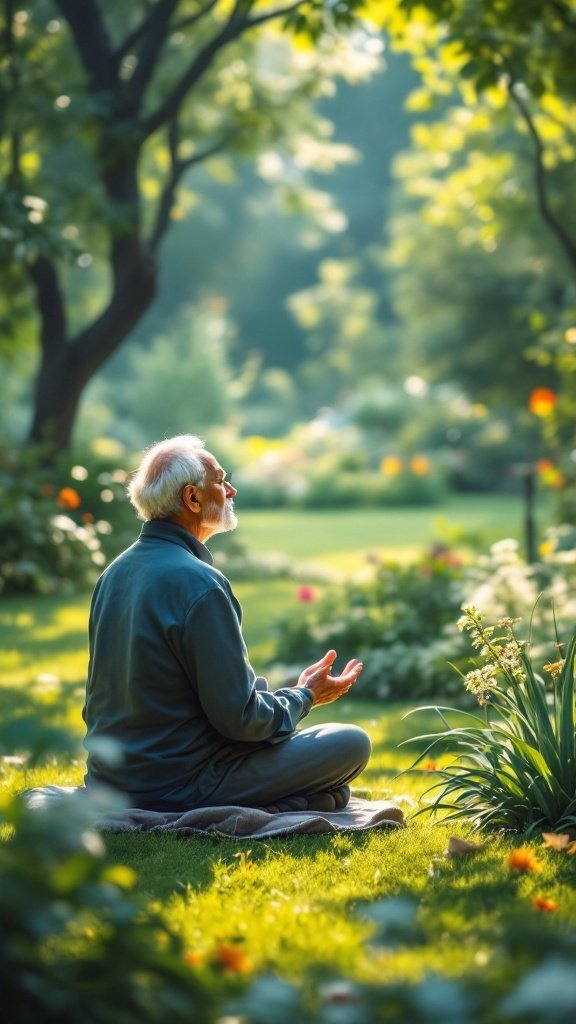 A senior man meditating in a lush garden, illustrating tranquility and connection with nature.
