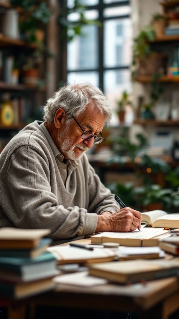 An elderly man writing at a table filled with books, representing lifelong learning and mental stimulation.