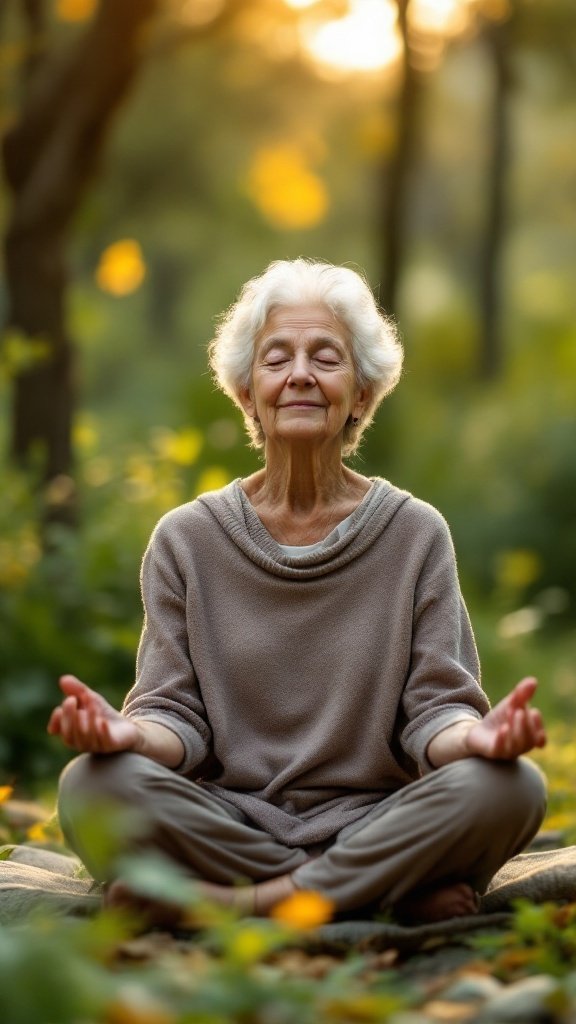 Senior woman meditating in a peaceful outdoor setting