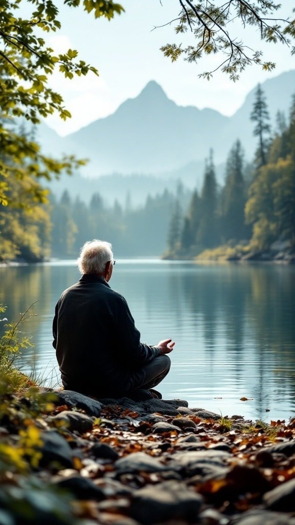 An elderly person meditating by a calm lake, surrounded by trees and mountains, reflecting tranquility and mindfulness.